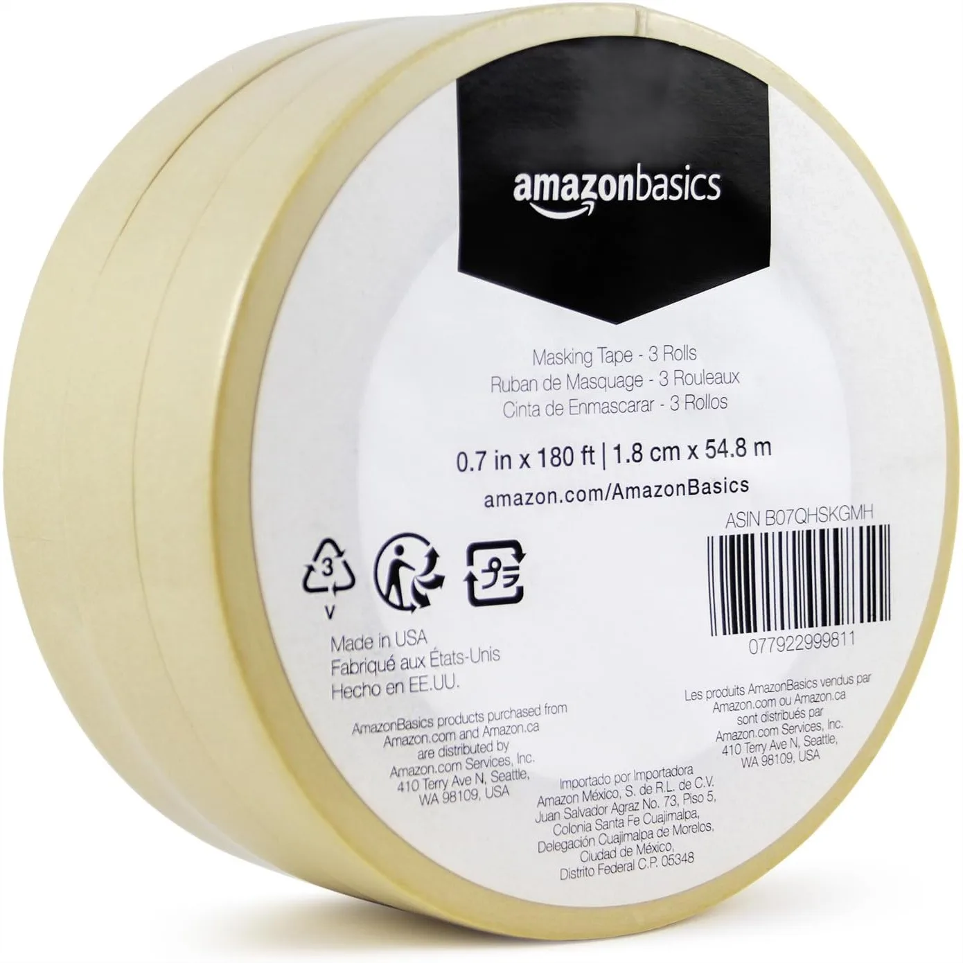 Low Tack Masking Tape for Labeling, Hand Tearable, Removes Easily, 0.7 inch x 180 feet, Beige, 3 Rolls
