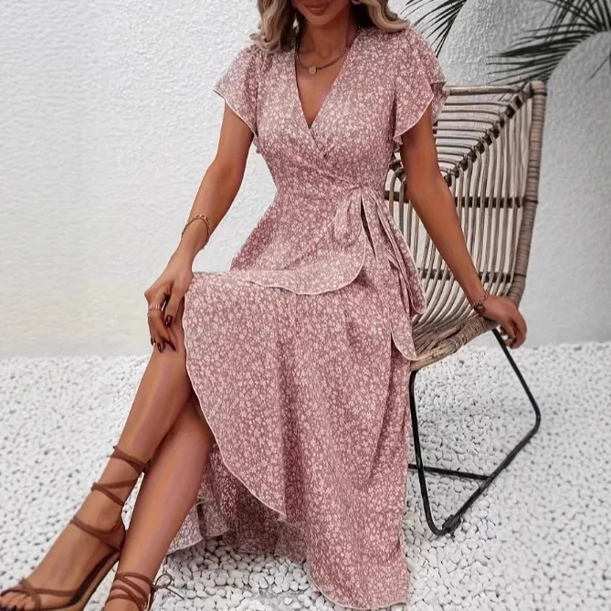 

Vintage Floral Print Wrap Dress For Women V-Neck Short Ruffle Sleeve Asymmetrical Casual Boho Sundress For Summer Dating Party