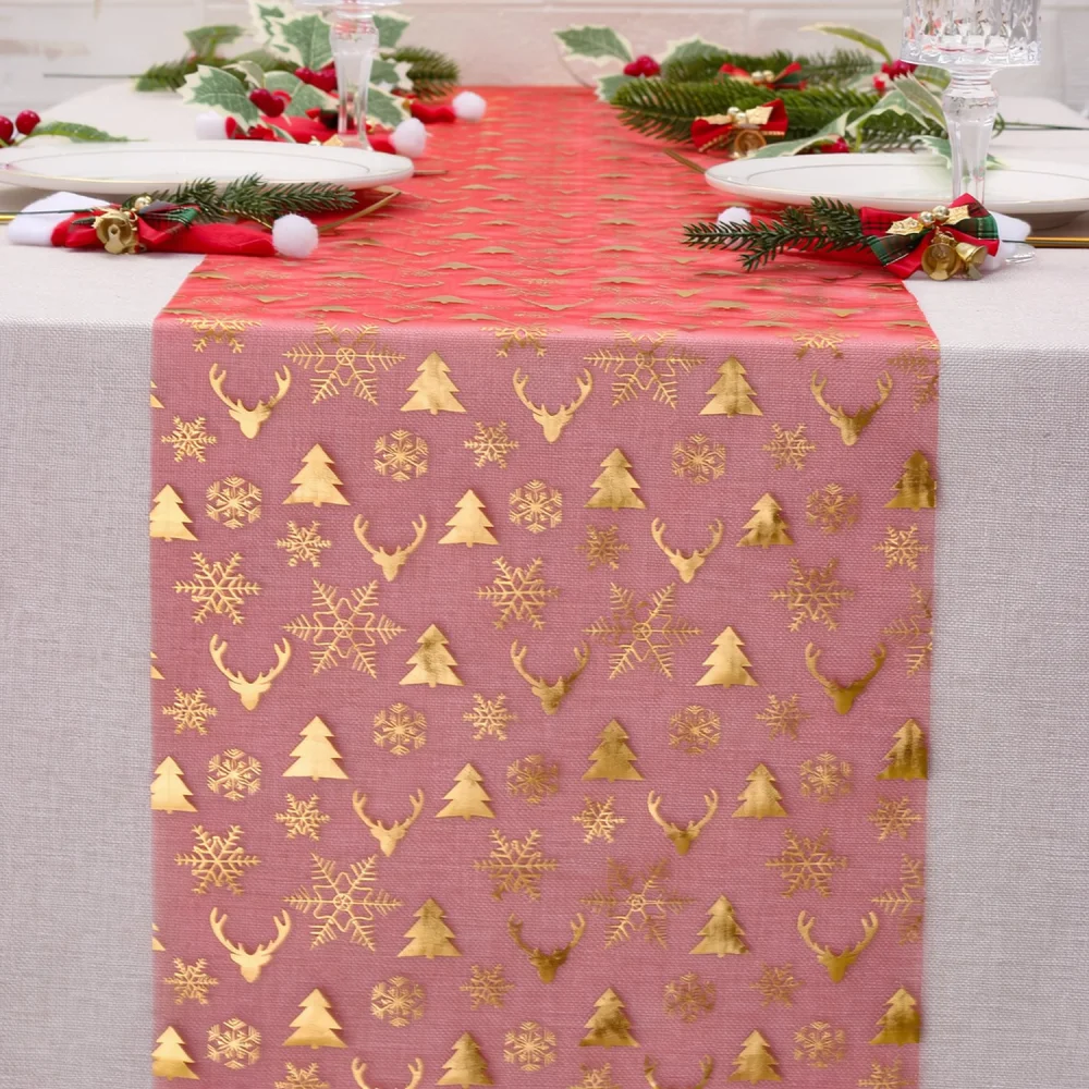Beautiful Organza Table Runner Gold Silver Foil Snowflake Elk Pattern Table Centerpiece For Holiday Dinner