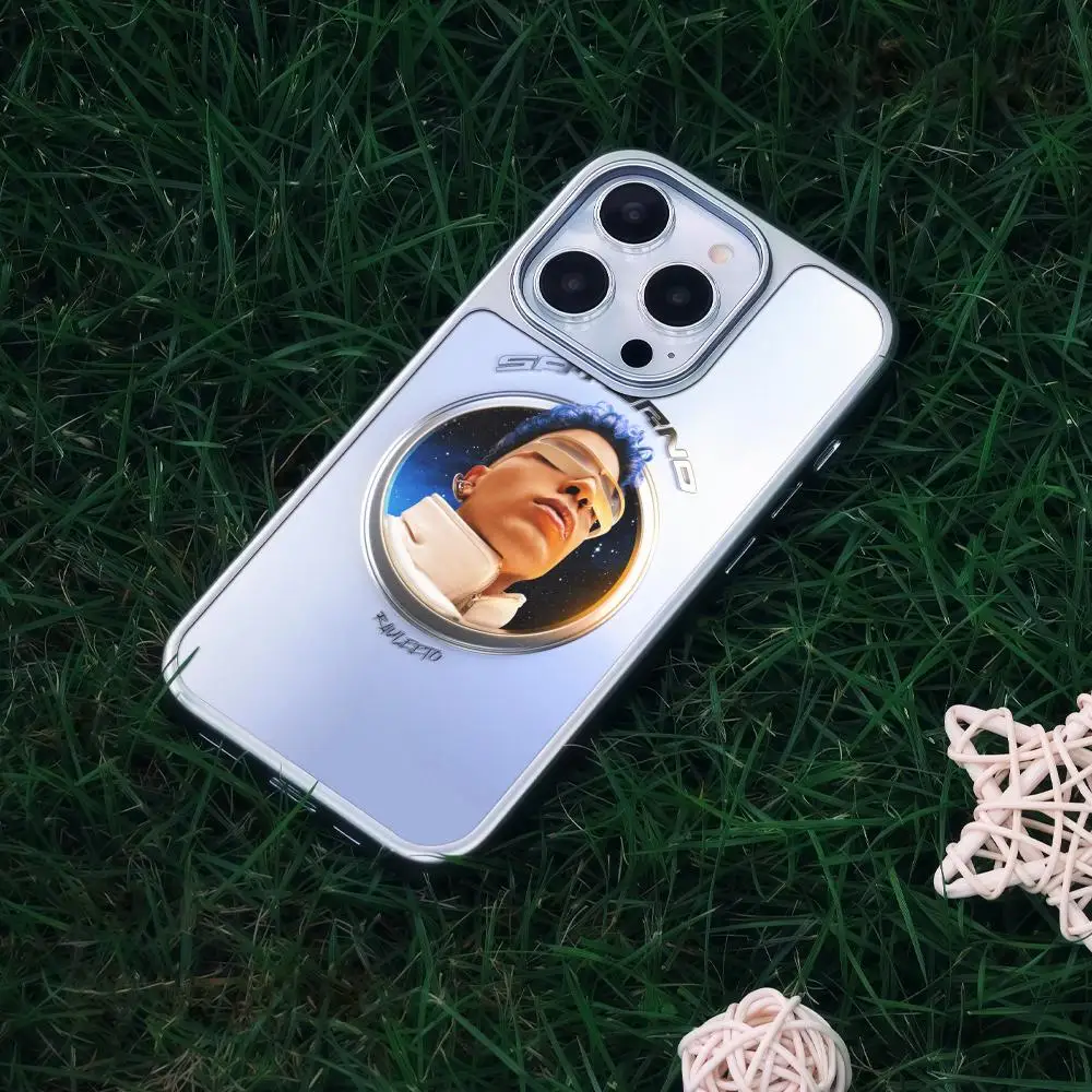 Custodia per telefono per iPhone 16 15 14 13 12 11 Pro Max Plus HD struttura in metallo guscio rigido in fibra di carbonio Rauw Alejandro Saturno