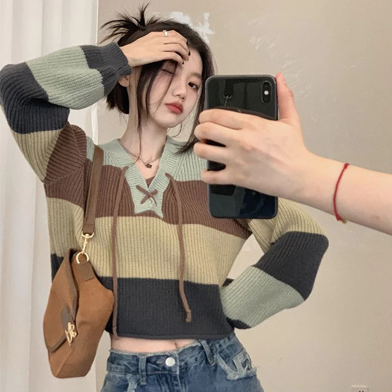 Striped Women's Sweater 2023 New Tricot Knitwears Y2K Knit Sweater Long Sleeve Korean Loose Basic Tops Drawstring Pullover Cute
