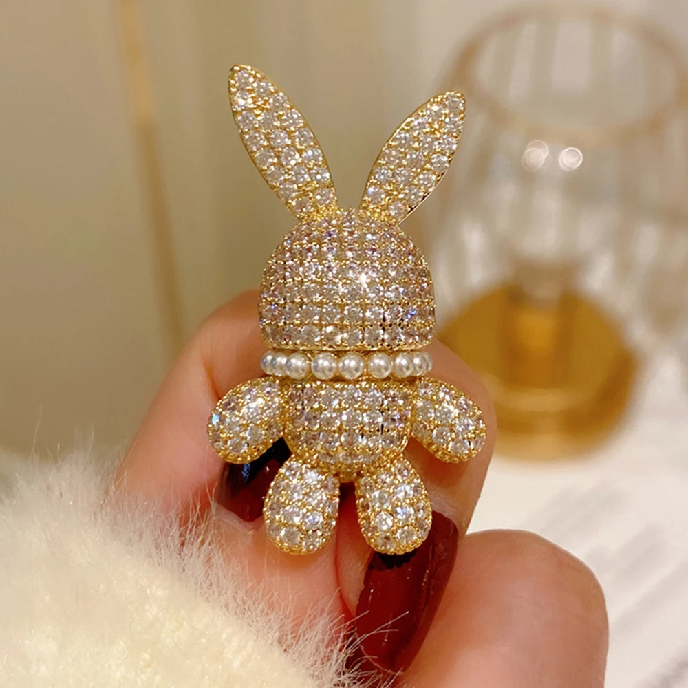 Luxury Full of Rhinestone Rabbit Brooches For Women Men Gold Color Cute Pearl Animal Lapel Pin Trendy Jewelry Wholesale