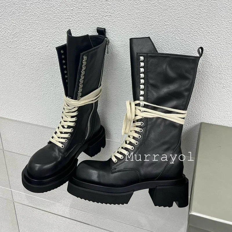 New Genuine Leather Thick Bottom Heighten Short Boots Women Round Toe Lace Up Mid-calf Botas  Spring Autumn Motorcycle Boots