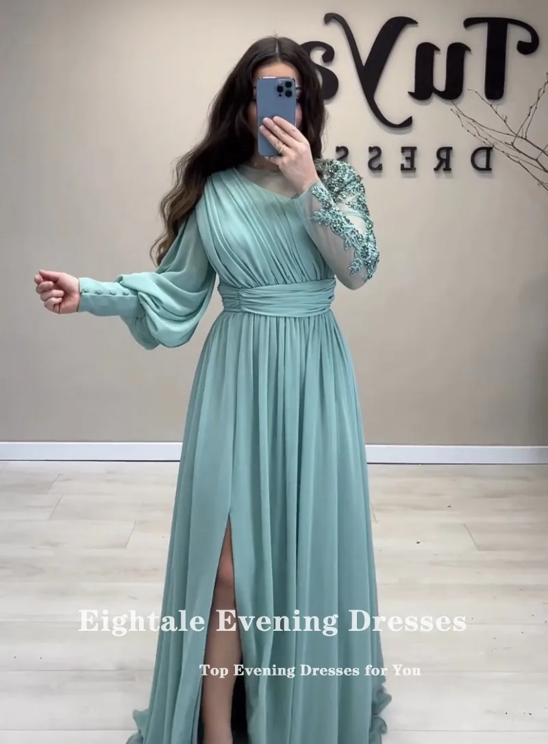 Eightale New Arrival Evening Dresses Chiffon Long Sleeves Appliques Beaded Prom Party Gown Customized vestidos festas e eventos