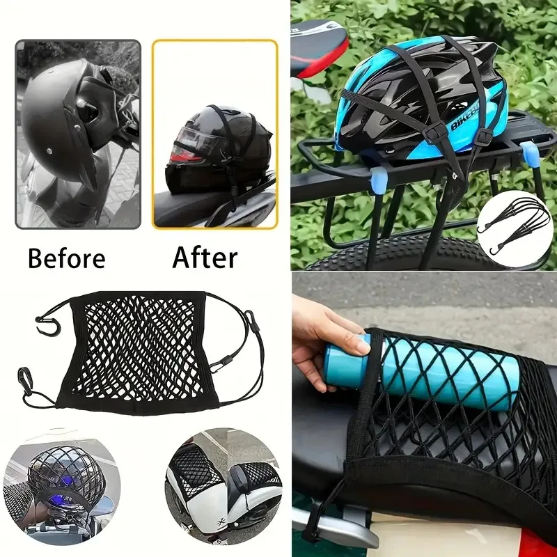 2Pcs/Set Travel and Cycling New Energy Binding Straps, Fixed Net, Elastic Motorcycle and Bicycle Hook Rope/Helmet Net Strap, Elastic Strap, Black Mesh Luggage Organizer, Secure Storage image 5