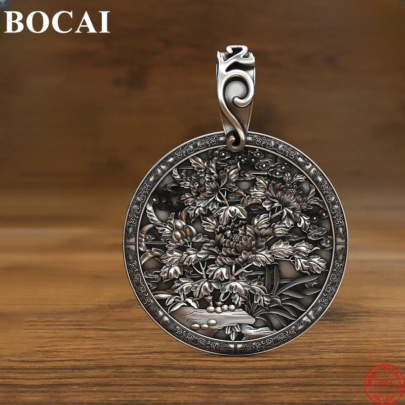 BOCAI S999 Sterling Silver Pendants for Women Men New Fashion Relief Peony Punk Vintage Argentum Medal Jewelry Wholesale