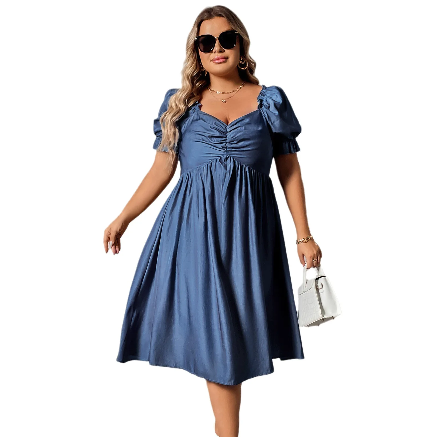 Plus Size Women's Blue Knee Length Dress Solid for Party Dress Short Sleeve Oversized Clothing