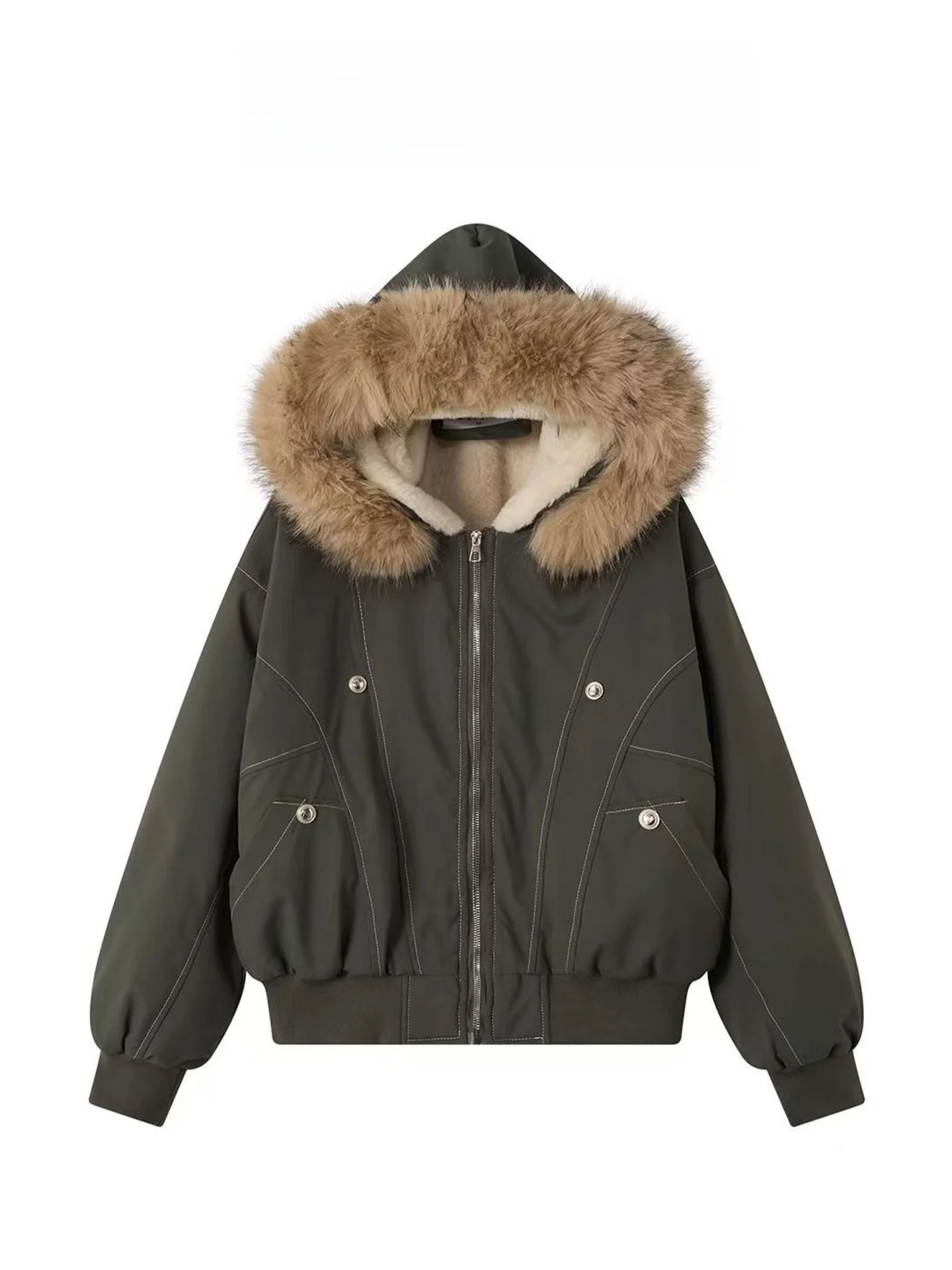 

American Sle Hooded Thiened Fce Women's Cotton Jaet Coat with Fur Collar Winter Warm Parka Coat Long Sve Zipper