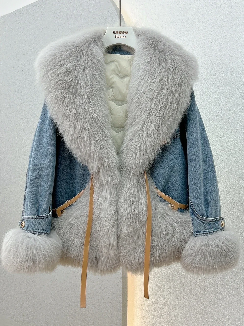 

Fox Fur Collar Coat Denim Patchwork 2023 Winter New Goose Down Liner Overcome Young Women's Clothing Fashion Slim Fur Jackets