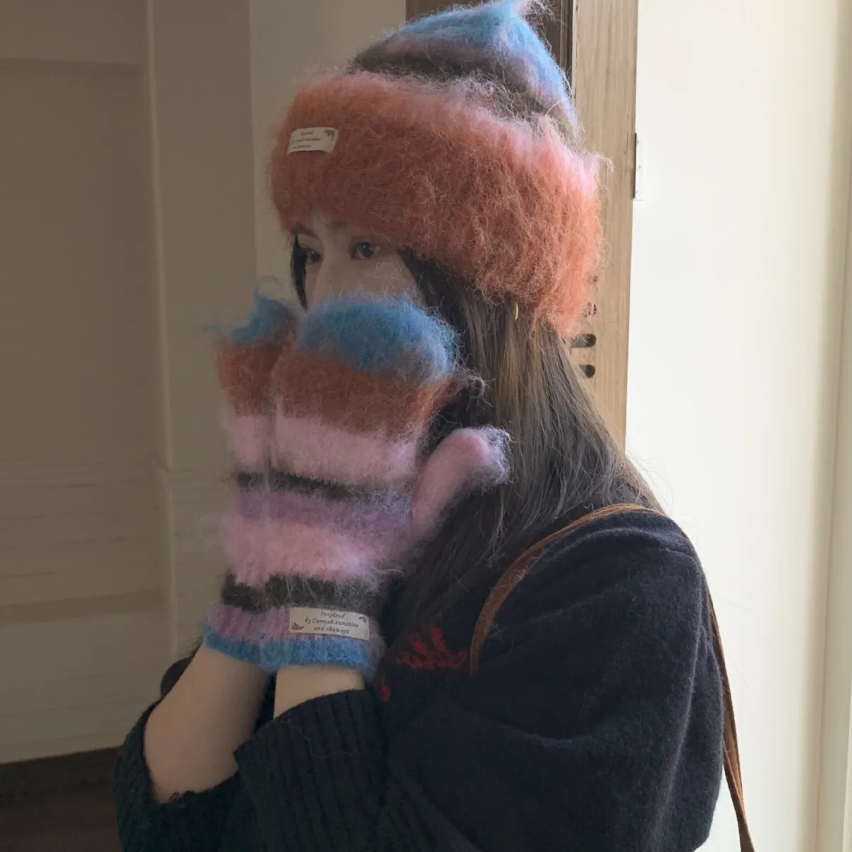 Korean Style Autumn and Winter Women Striped Fluffy Wool Beanie Cap Knitted Gloves Warm Suit Knitted Beanie
