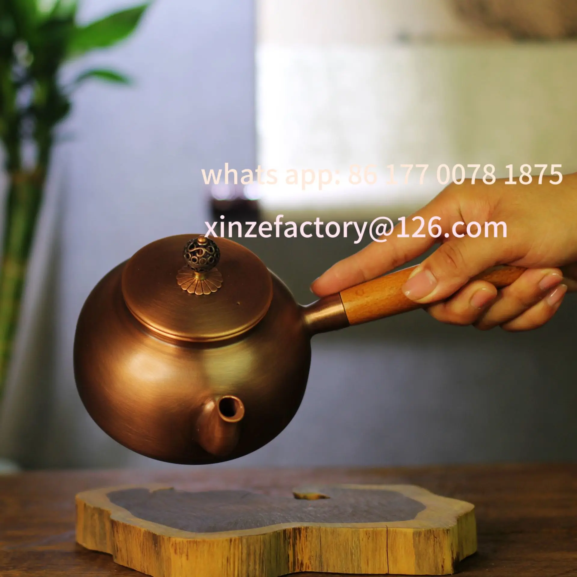 Manico laterale in rame puro personalizzabile, piccola pentola, teiera per sala da tè, incisione, legno retrò in rame addensato fatto a mano