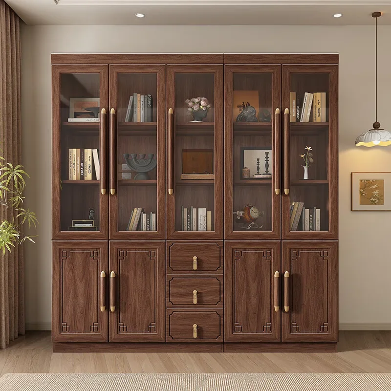 

Solid wood bookcase, black walnut bookcase combination glass case with door to the wall