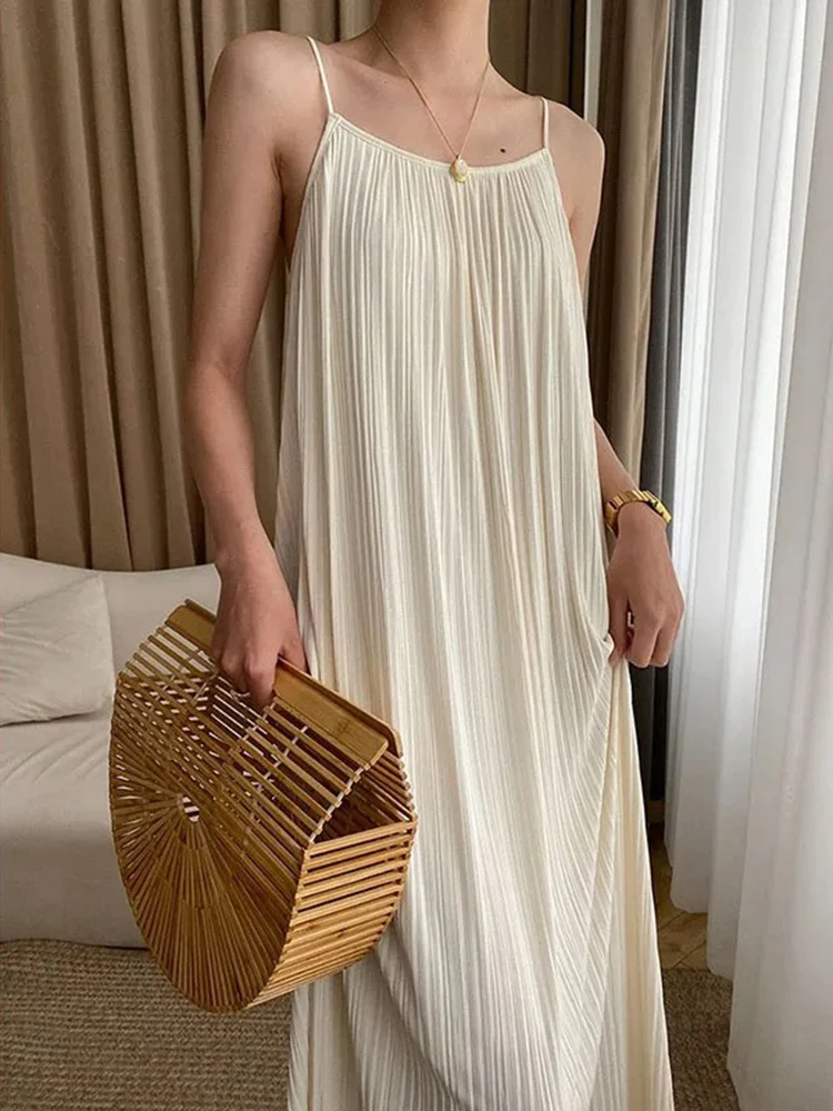 New Casual Loose Beach Thin Shoulder Strap Dress Summer Korean Fashion Pleated Simple and Versatile Women's Mid Length Dresses