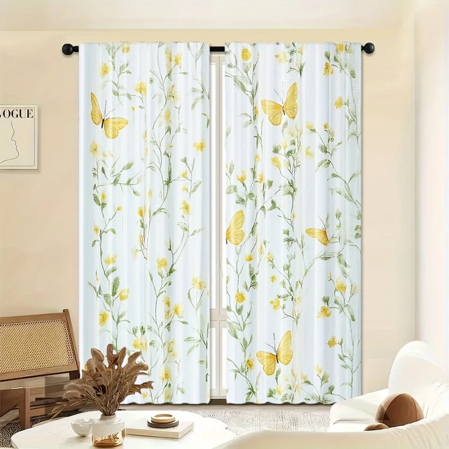 2PCS Digital Printed Curtains, Light Yellow Flower Butterfly Pattern, Stylish Window Treatment for Living Room Bedroom Decor