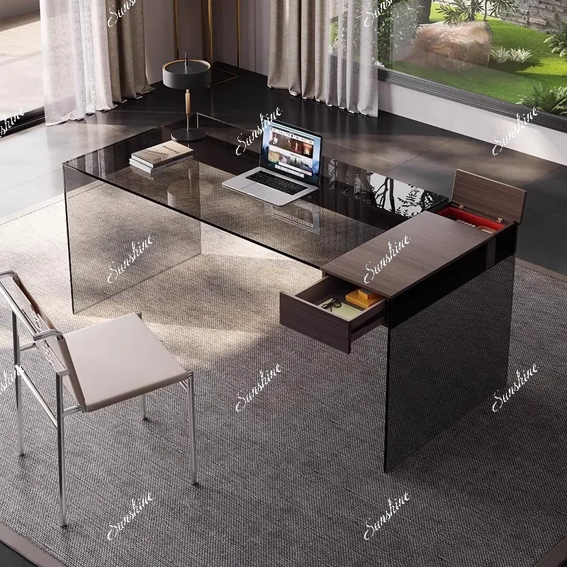 Modern minimalist desk grey tempered glass rectangular table with drawers