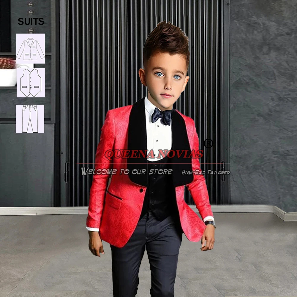 Traje Floral rojo para niños, chaqueta de solapa con muescas negras, esmoquin para niños, Blazer, chaleco, pantalones, ropa de fiesta Formal para niños, 3 piezas