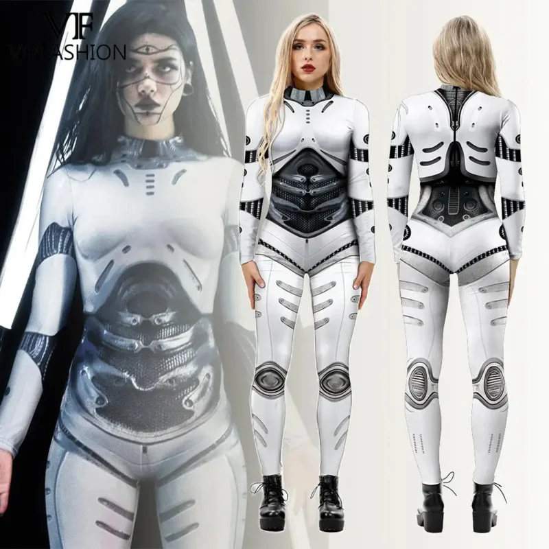 VIP FASHION Halloween Women Jumpsuit Robot Warrior Punk Future Technology Style Carnival Cosplay Costume Sexy Slim Bodysuit