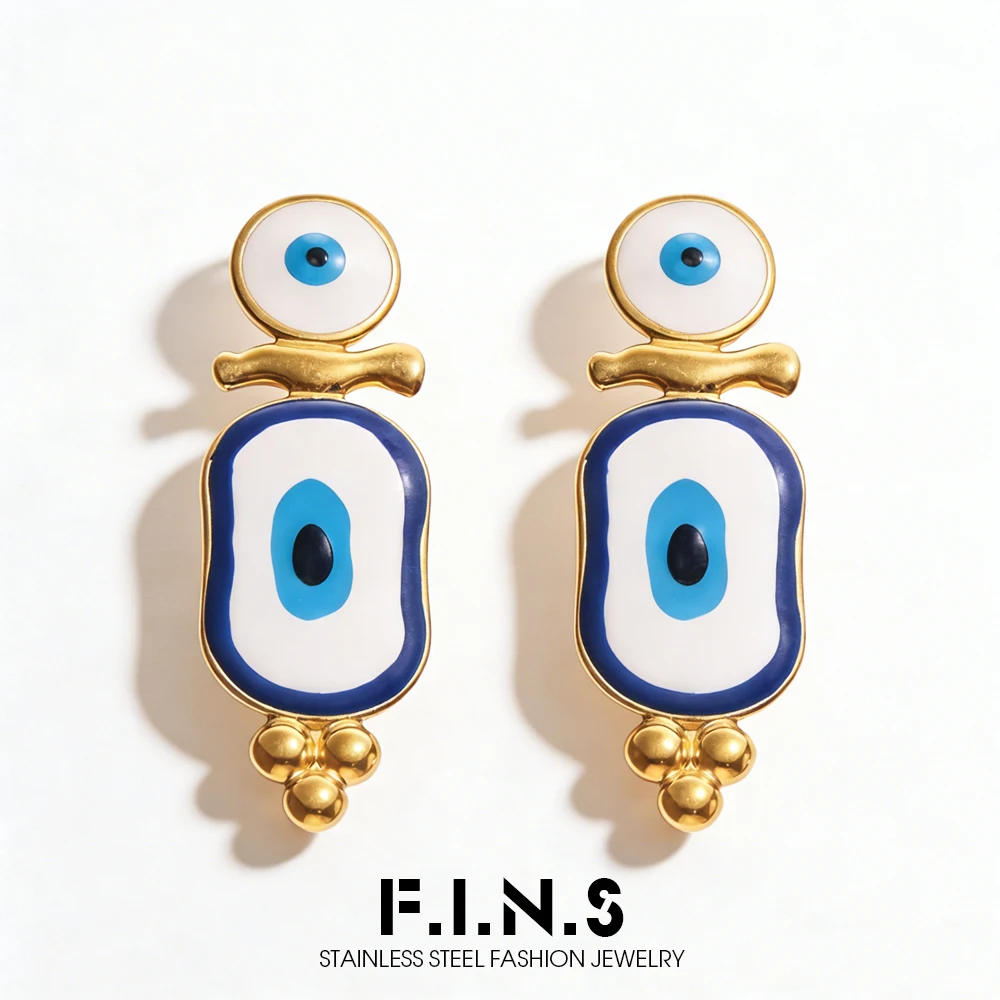 

F.I.N.S Ethnic Devil Eye Stainless Steel Earrings For Women Gold Plated Trendy Hyperbole Female Blue Enamel Ear Studs Girls