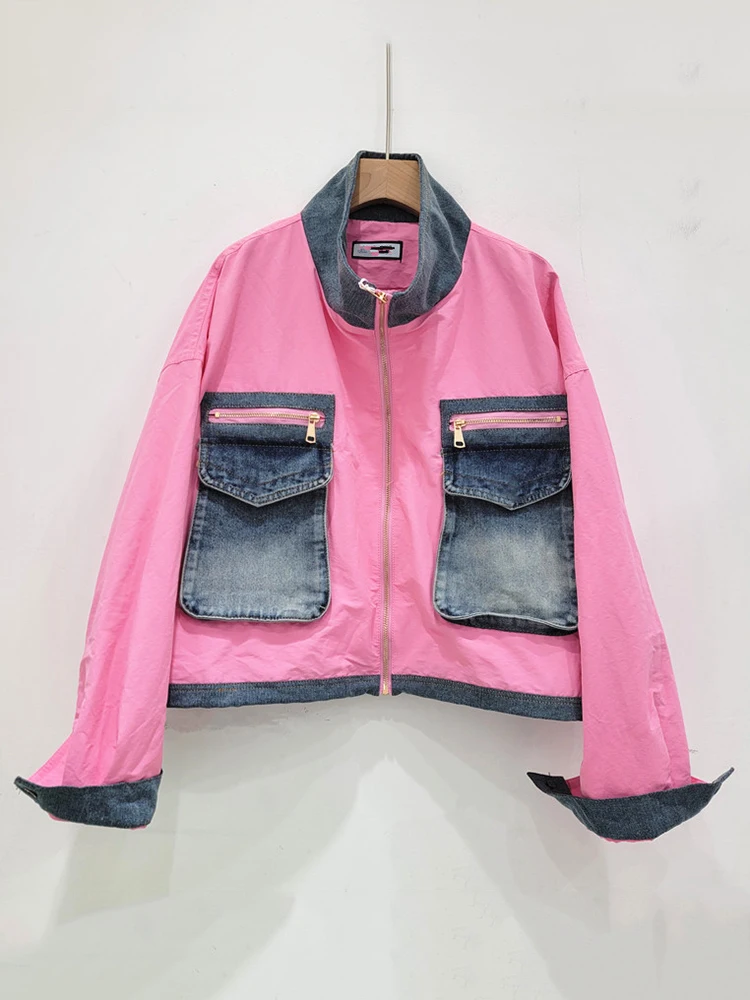 DEAT Fashion New Women\'s Spliced Denim Pockets Coat 2024 Summer Trendy Stand Collar Long Sleeve Zipper Jacket Female 29L7864