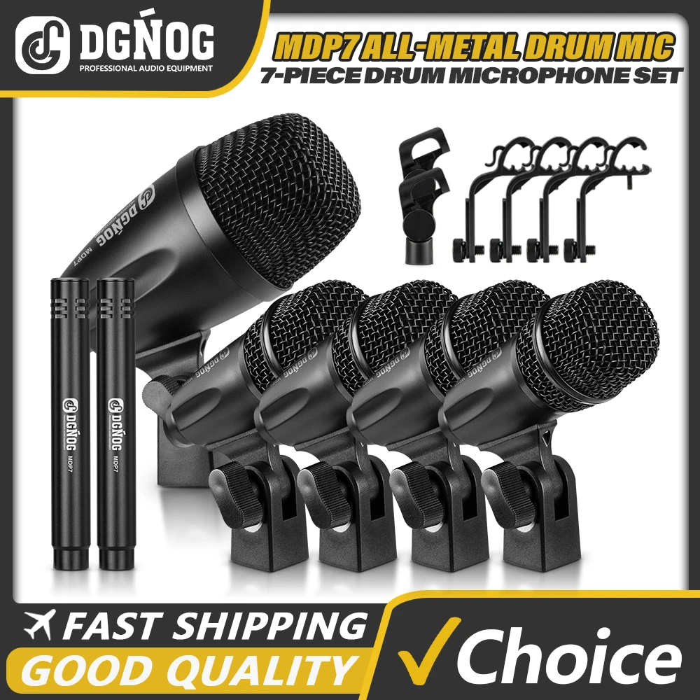 DGNOG MDP7 7-Piece Wired Drum Microphone Set Dynamic Kick Drum, Bass Drum Tom/Snare Drum, and Cymbals for Drum Kits, Vocal Bands