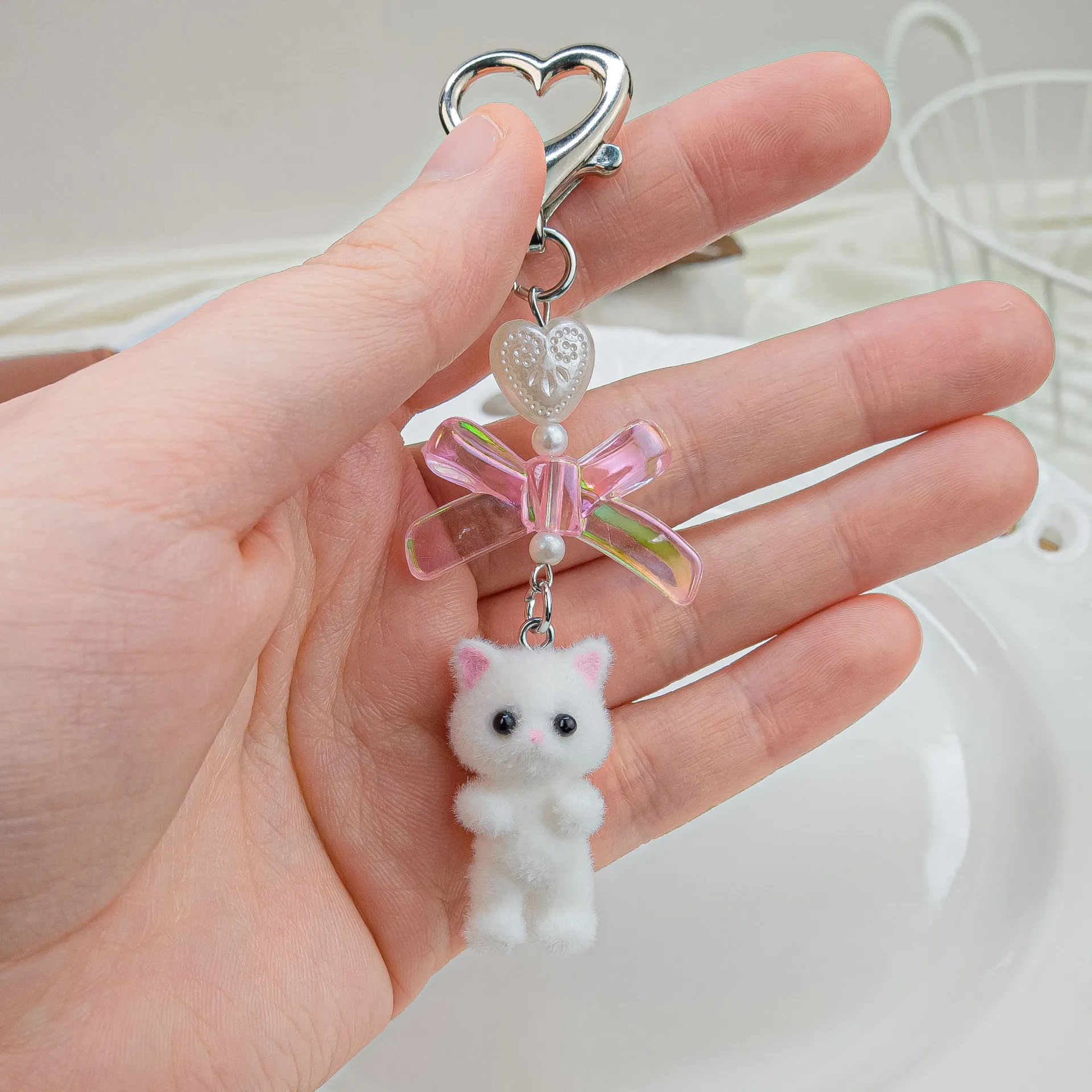 Flocking Bear Cat Pendant Keychain Heart Bow Shaped Key Chain Bowknot Keyring Jewelry Camera Bag Decors Handmade Gift image 5