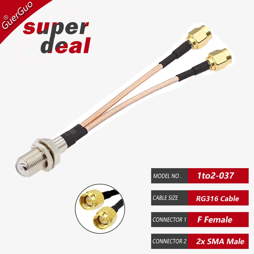 F Female F Male to Dual RP SMA Male Y Type Splitter Combiner RF Coaxial Pigtail RG316 Cable for 3G4G Modem Router Antenna