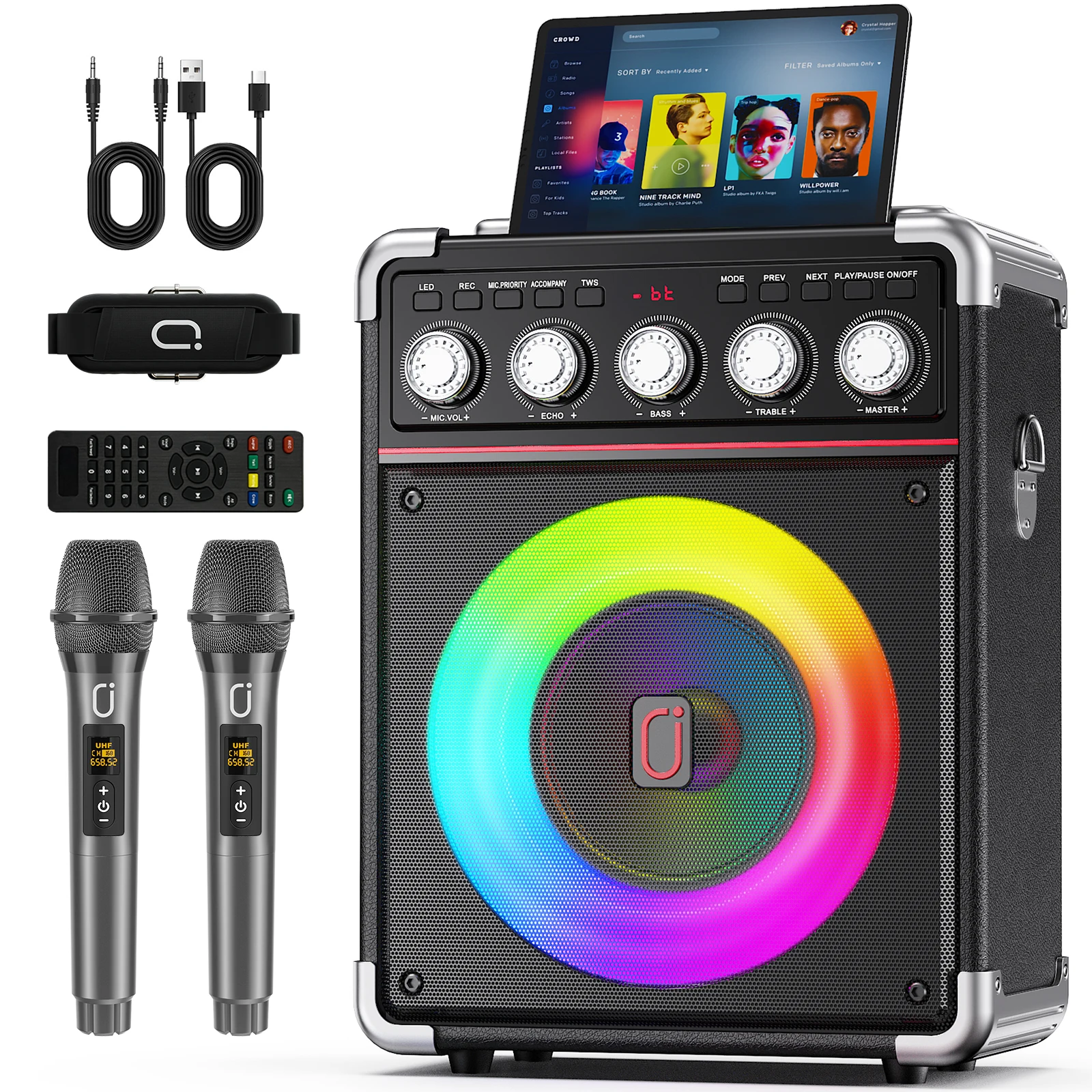 Machine de karaoké TX05 avec 2 microphones sans fil, haut-parleur de système de karaoké Portable avec lumière RGB pour Support de boîte de fête à domicile, TWS