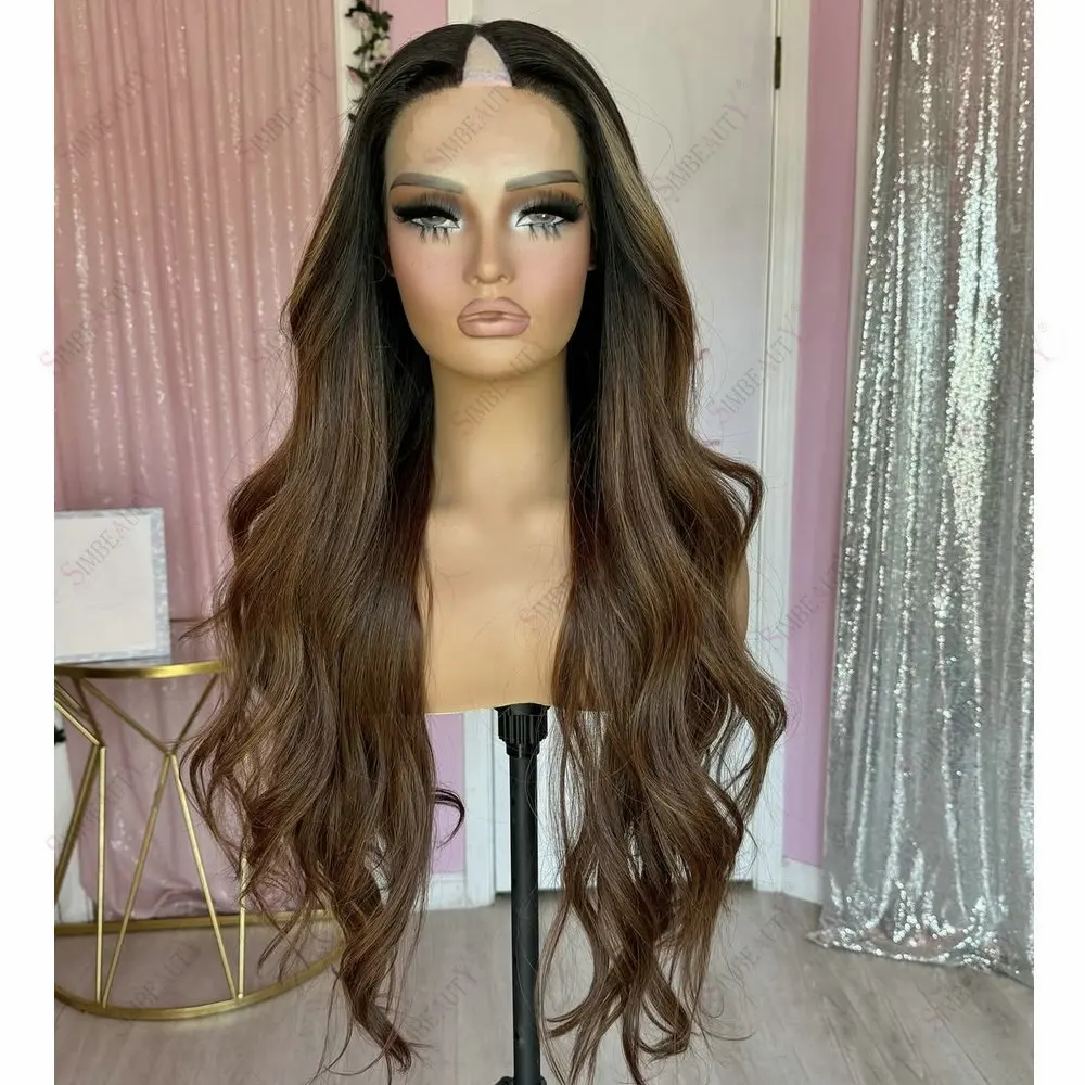 

Natural Balck Roots Hightlight Brown 100%Remy Human Hair Long Slightly Curly Glueless 1*4 Size U/V Part Wig Human Hair for Women