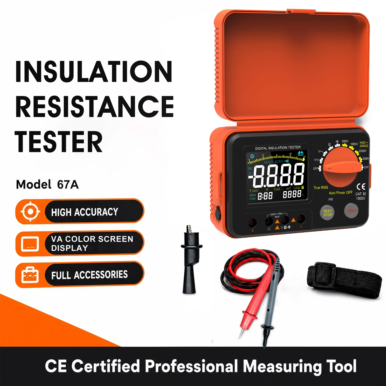 Auto‑Range Digital Insulation Resistance Tester 67A/67B Megohmmeter 250‑2500V Test Voltage True RMS AC/DC Voltmeter Continuity