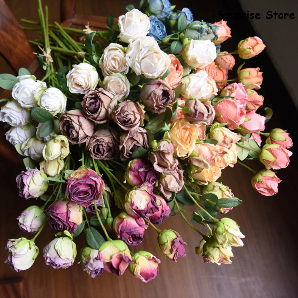 Silk Rose Artificial Flowers Like Real Long Branch Peony Bouquet with Leaves For Wedding Home Room Table Decor Fake Plant 51cm