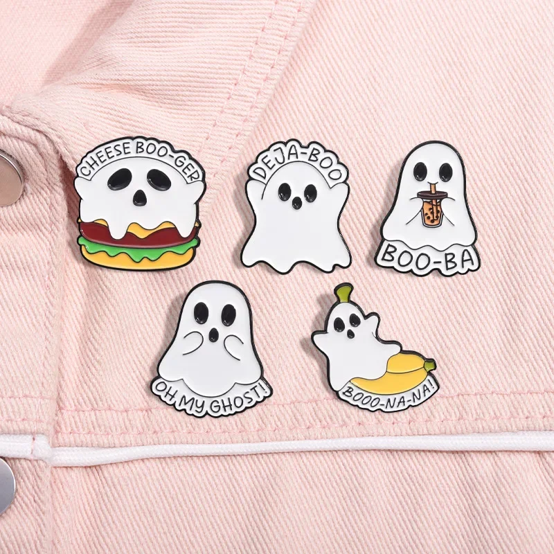 Oh My Ghost Cute Enamel Pins Cartoon Halloween Cheese Hamburger Boo Brooches Lapel Badges Backpack Jewelry Gifts Friends Kids