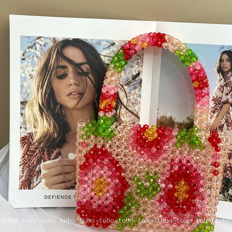 Bolso con cuentas de perlas con patrón de flores, bolso de mano de marca de diseñador, bolso de fiesta hecho a mano, caja de piedra acrílica transparente, moda de verano