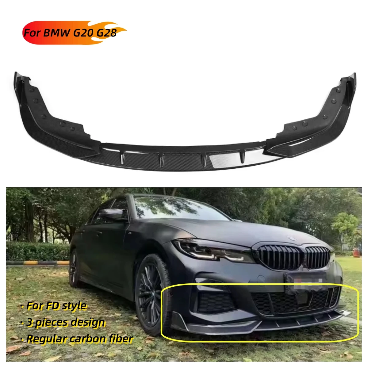 MRD Front Diffuser for BMW G20 G28 FD Style Sport 2019+ Carbon Fiber Lip Front Bumper Lip 3 PCS Design