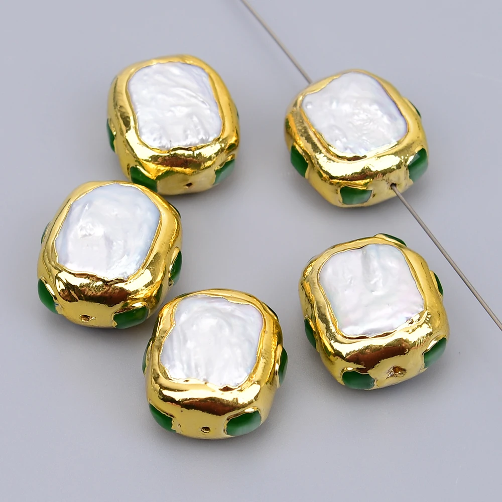 APDGG 5 Pcs 22x26mm Cultured White Pearl Green Cat eye Paved Gold Plated Rectangle Spacer Beads For Jewelry Making DIY