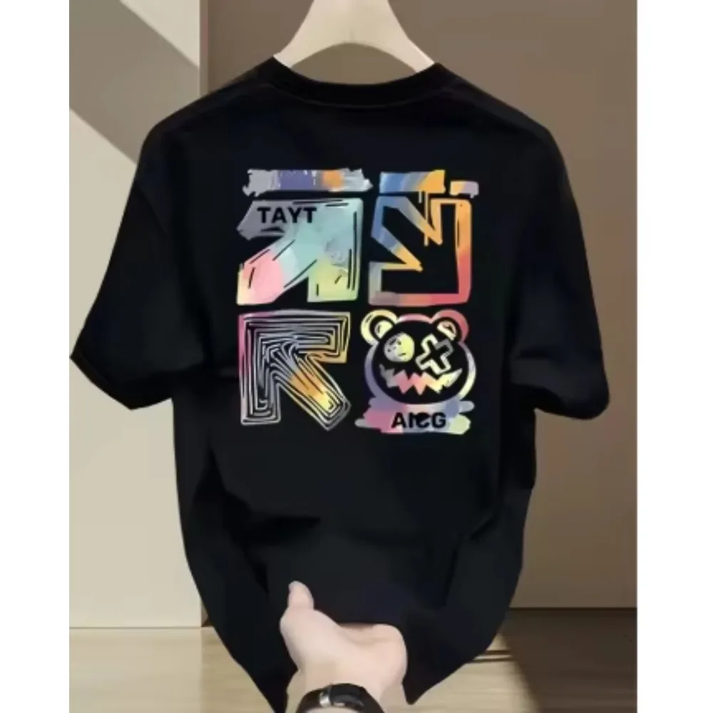 2026 New Men Women Short Sleeve T-shirt Retro Street Colorful Gradient Graffiti Font Print Unisex Tee Trendy Casual FashionTop