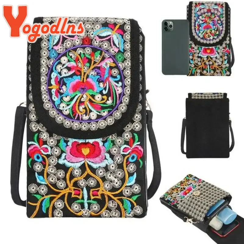 Yogodlns damska torba na ramię etui podróżne Vintage, w kwiaty haftowana torba Crossbody haftowana torba na telefon komórkowy mała torebka