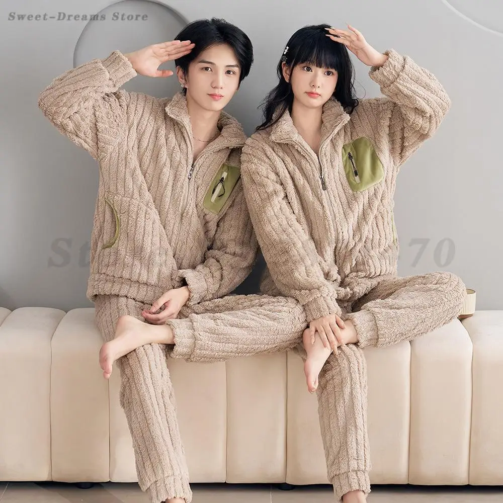 Couple Coral Fleece Sleepwear Men's Autumn Winter Long Sleeve Zipper Pajamas Suit Women's Home Clothes Thick Warm Nightwear