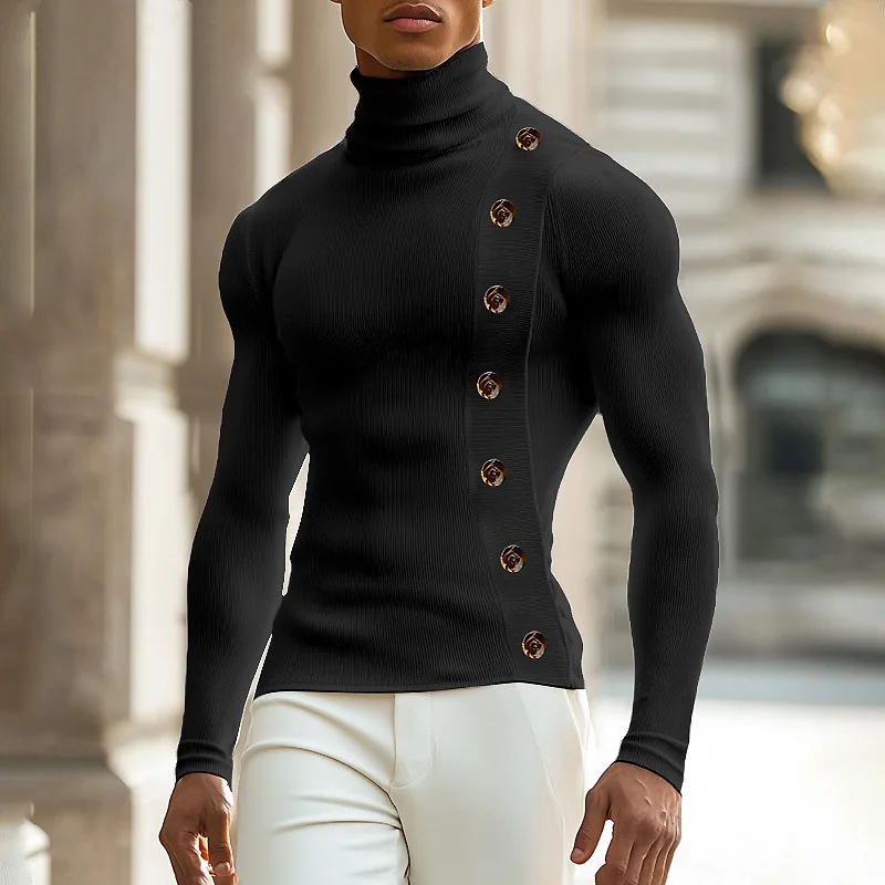 Frühling 2025, Neue Mode Für Männer Taste Rollkragen T-shirt Einfarbig Langarm Freizeit Streetwear Beliebte Slim-fit grundlegende Hemd