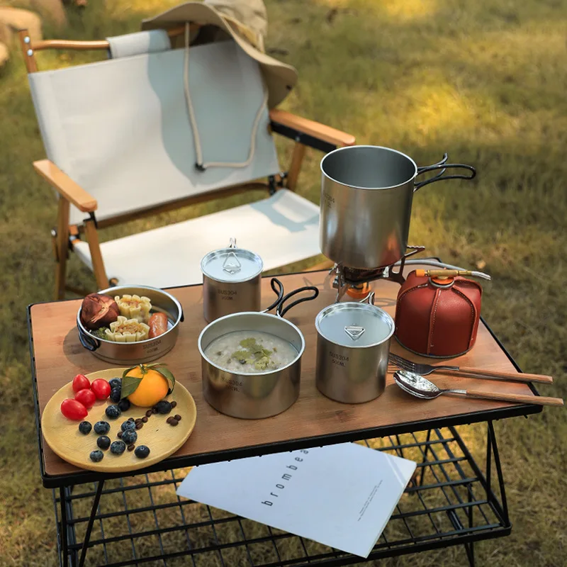 Camping Cookware Set 304 Stainless, Stackable Frying Pan & Pot & Mug, Heat-Resistant Sturdy Durable Outdoor Gear for Travel