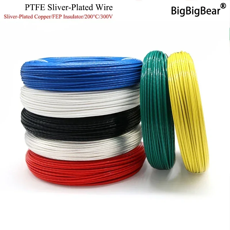 1/5M PTFE Sliver Plated Wire 8/10/11/13/15/18/20/22/24/26/28 AWG PTFE/FEP Insulated High Purity OFC Copper Cable For 3D Printer