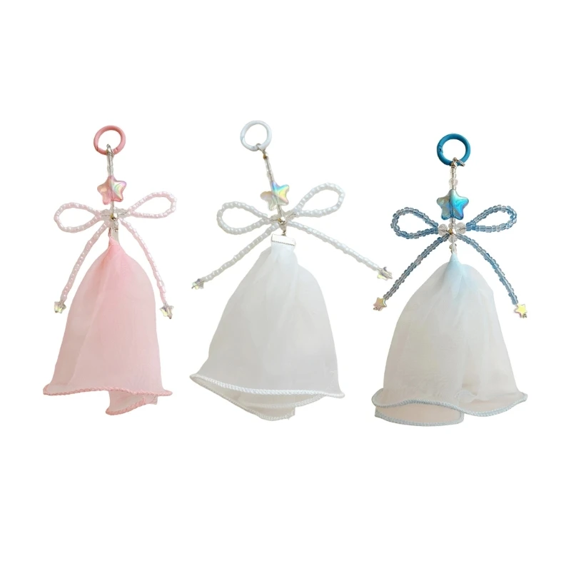 Delicate Beaded Bowknot Keyrings with Tulle Skirt Pendant for Home and Vehicle