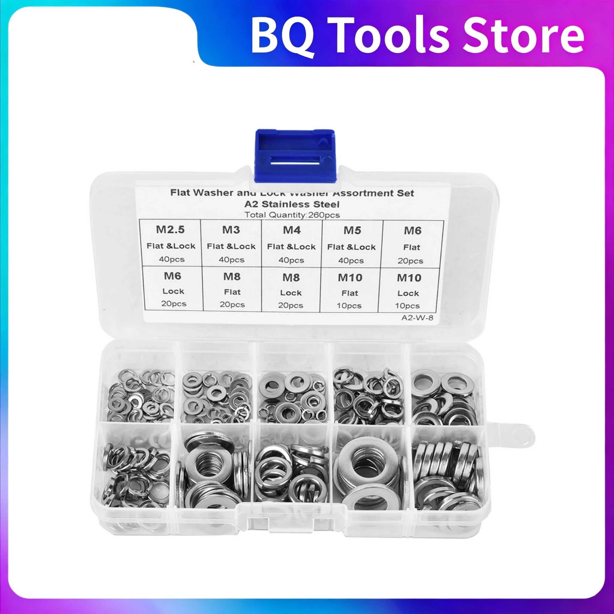 260Pcs Flat Washer Spring Washer Assortment Set Stainless Steel M2.5-M10 Lock Washer Flat Washer Hardware Accessories ﻿