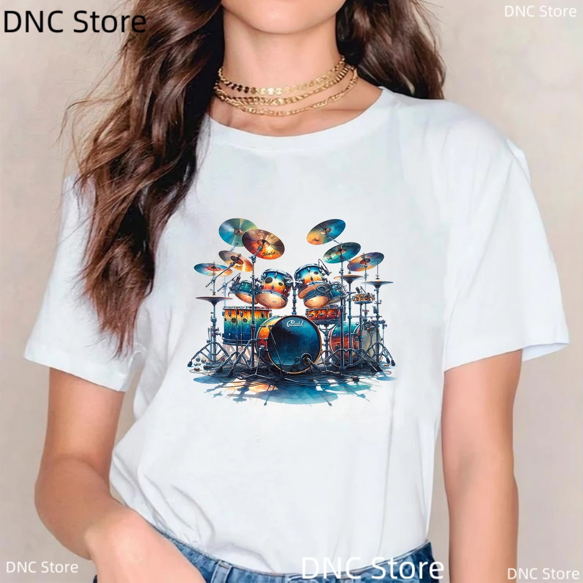 

New Women'S Clothing T-Shirt Music Drum Set Graphic Print Female T Shirt Fashion Music Enthusiast Tshirt Creative Birthday Gift