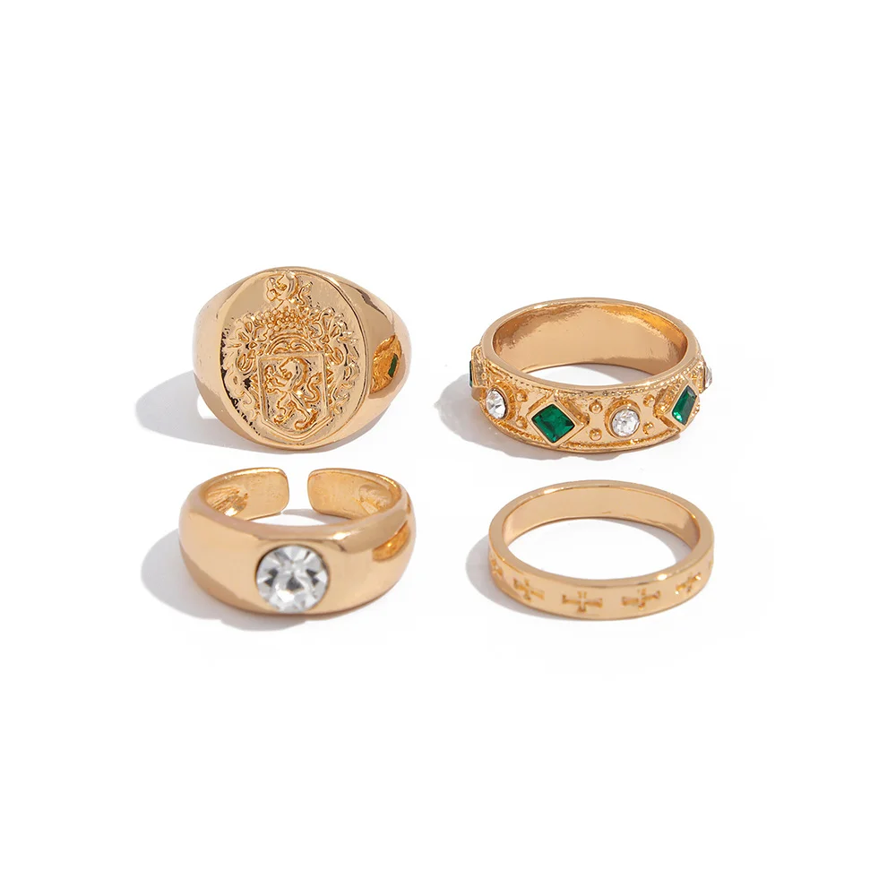 Grüner Stein-Wappenring-Set für Herren, goldfarbener Ring, silberfarbene, gravierte Bänder, Vintage-Königs-Siegelring, Schmuck, Hip-Hop-Geschenk – Detail 5