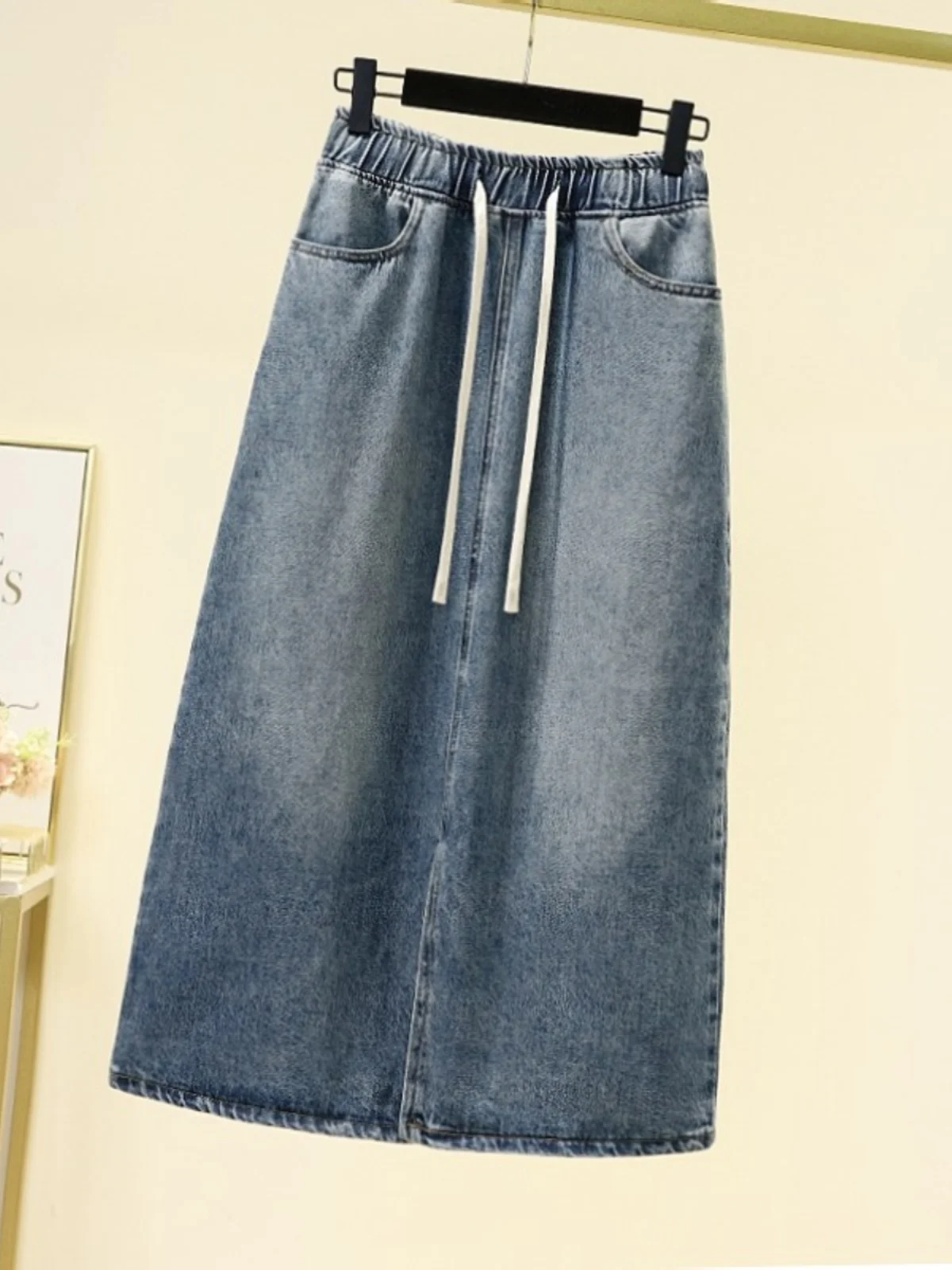 High Waist A-Line  Skirt for Women Spring Summer Autumn Season Drawstring Elastic Waist Slit Denim Skirts Trendy Style