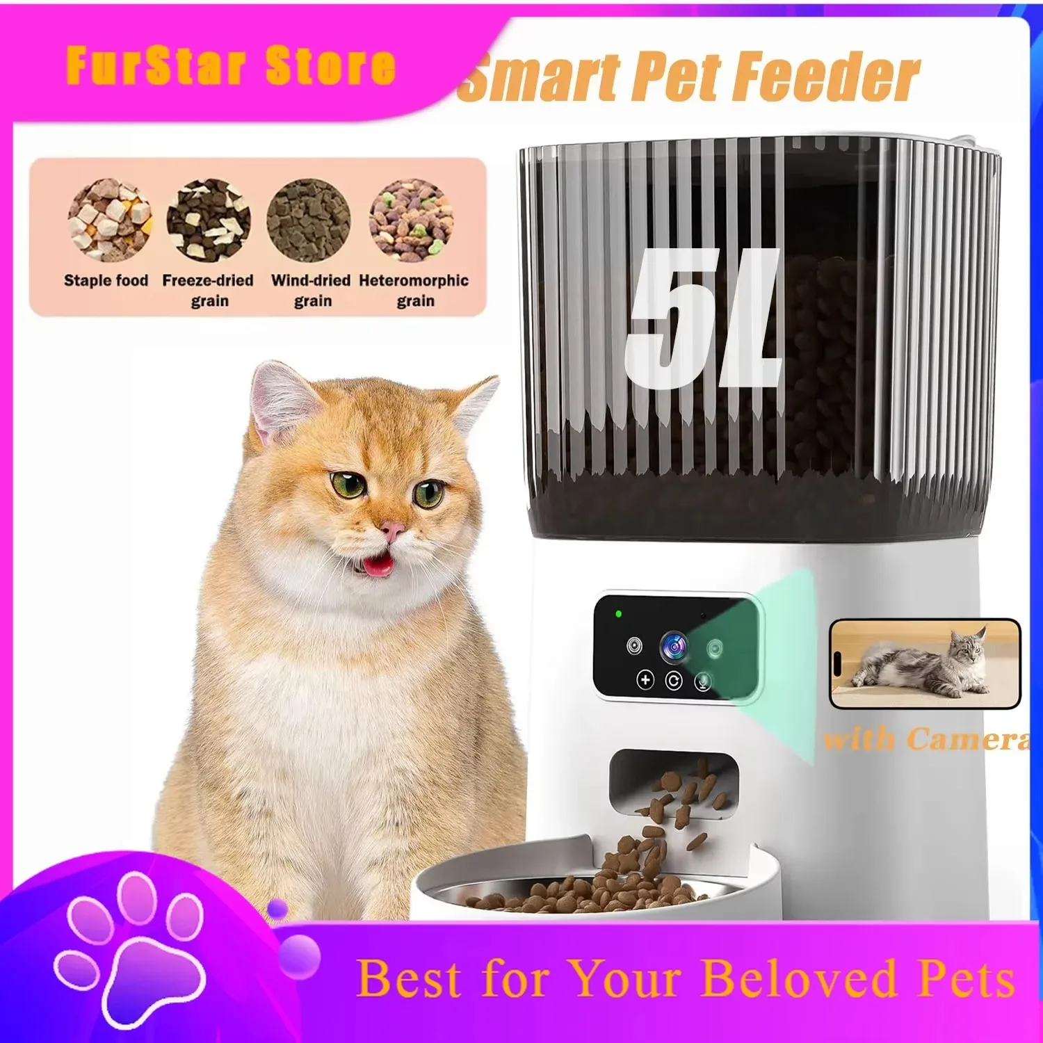 FurStar5L Automatic Cat Feeder WiFi Camera HD Live Video Timed Cat Food Dispenser Interactive Feeding APP Smart Pet Feeder For C