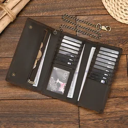 Luufan Newest Designer Men's Genuine Leather Wallet Zipper Card Holder Trifold Long Purse Cow Leather Man Wallet With iron Chain