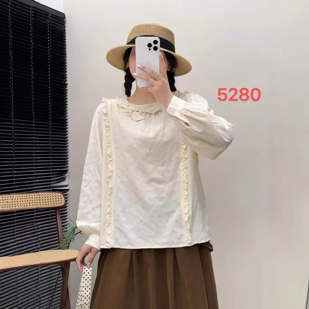 اليابانية الحلو موري فتاة بلون الكشكشة المرقعة تي شيرتات قطن المرأة ربيع الخريف س الرقبة طويلة الأكمام بلوزة غير رسمية بلايز