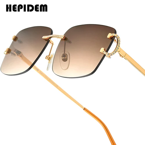 Gafas de sol de aleación HEPIDEM para mujer, diseño de marca famosa de lujo, gafas de sol cuadradas sin montura con diamantes sin marco para hombre