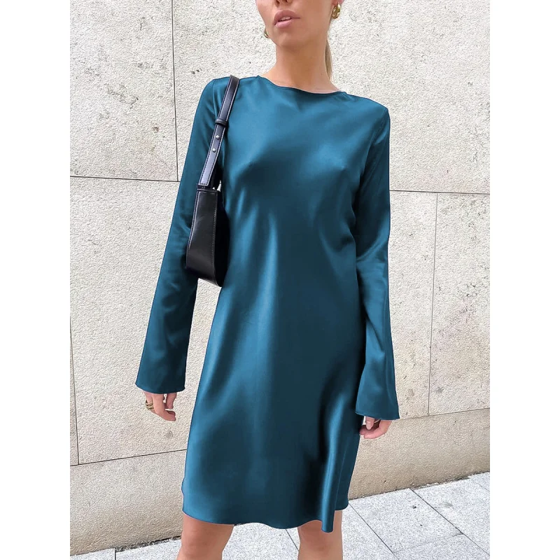 Imitacja satyny octanowej Sukienka z długim rękawem Damska wiosenna rozrywka Jednolity kolor Pullover Okrągły dekolt Wysoka talia Spódnica A Line